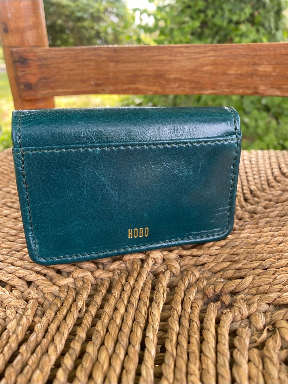 HOBO Teal Compact Leather Card Case with Gold Logo - Picture 2 of 8